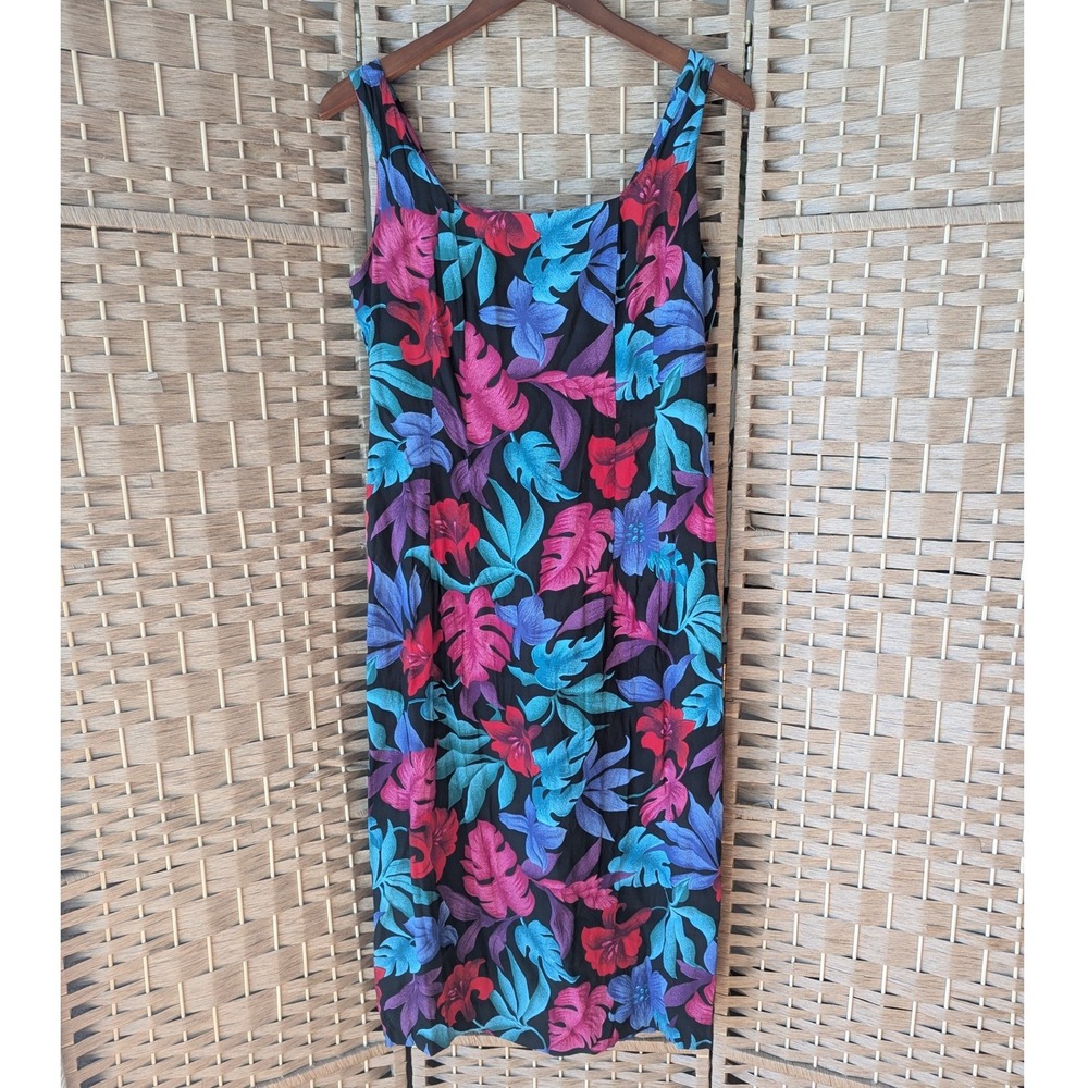 Vtg Tropical Floral Rayon Midi Dress Sleeveless Black Pink Blue Resortwear Sz 8